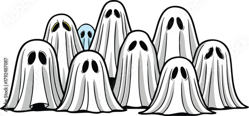 Group of Cartoon Ghosts with Black Eyes and White Sheets in a Cluster