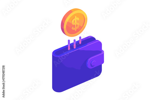 Isometric digital wallet receiving a golden dollar coin representing savings or financial transaction