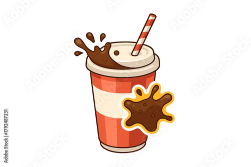 Disposable paper cup filled with splashing dark beverage and striped drinking straw