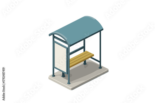 Modern public transport stop shelter with wooden bench and empty advertising panel