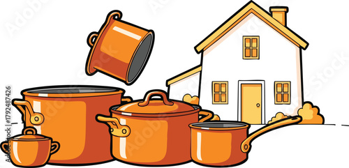 Orange Cookware Set and House Illustration with White Background