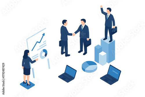 Professional business people celebrating success, shaking hands, and analyzing financial growth data