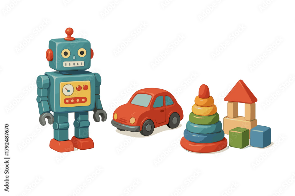 Fototapeta premium Classic children's toys collection featuring a retro robot, red car, stacking rings, and wooden blocks