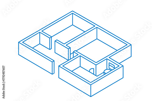 Isometric architectural floor plan outline showing apartment room layout and interior design structure