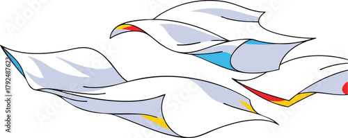Abstract flowing shapes in light blue yellow red and gray with dashed outlines and curves on a white background