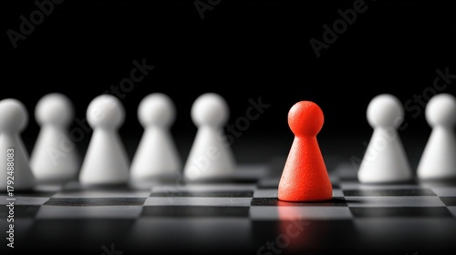 Brightly colored game piece stands out against a line of uniform white counterparts on a dark board