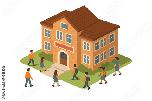 Large educational building exterior with diverse students walking to and from classes on campus grounds