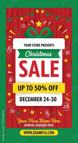 Festive Christmas sale banner with gift box, green ribbon, yellow lights, and red background. Perfect for holiday promotion, discount event, or store advertising during the Christmas season.