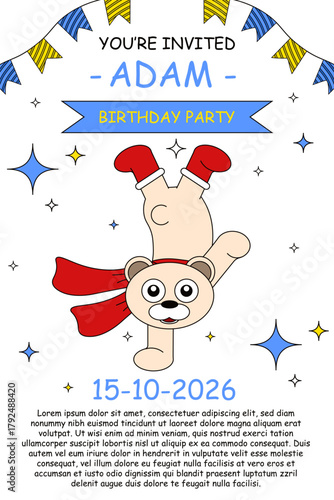 Kids Birthday Invitation flyer. Vector illustration of Birthday Invitation card with cute polar bear and holiday ribbon. Birth poster template design with typography. EPS 10