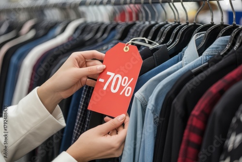 Price tag showing 70 percent discount on clothes