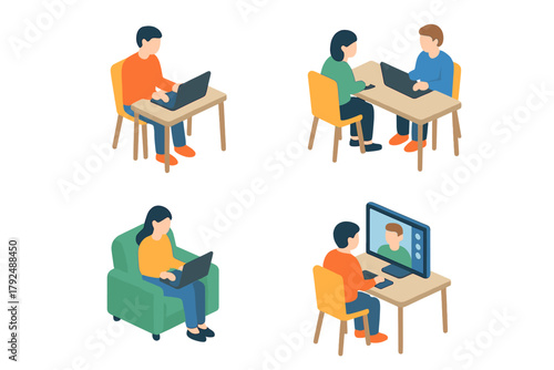 Isometric scenes depicting remote work, online collaboration, video conferencing, and digital communication activities