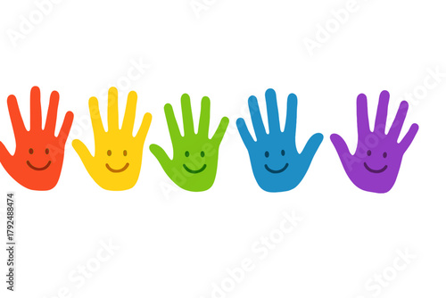 Brightly colored handprints with smiley faces arranged in a horizontal row pattern
