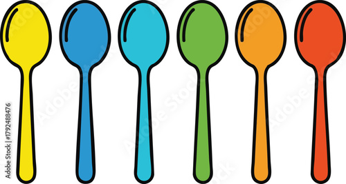 Six Assorted Colored Spoons Lined Up Against A White Background Vibrant Colors Yellow Blue Teal Green Orange Red