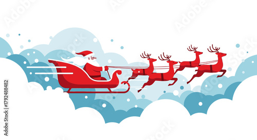 Santa claus flying in his sleigh pulled by reindeer through a winter sky with snow and clouds