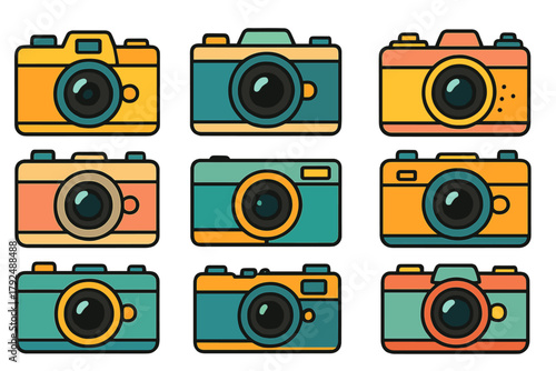 Colorful retro vintage cameras arranged in a seamless repeating grid design