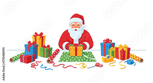 Cheerful santa claus happily wrapping christmas presents with colorful paper ribbon and scissors on a white background