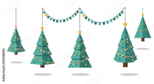Festive flat design collection of stylized christmas trees adorned with colorful lights and stars against a white background