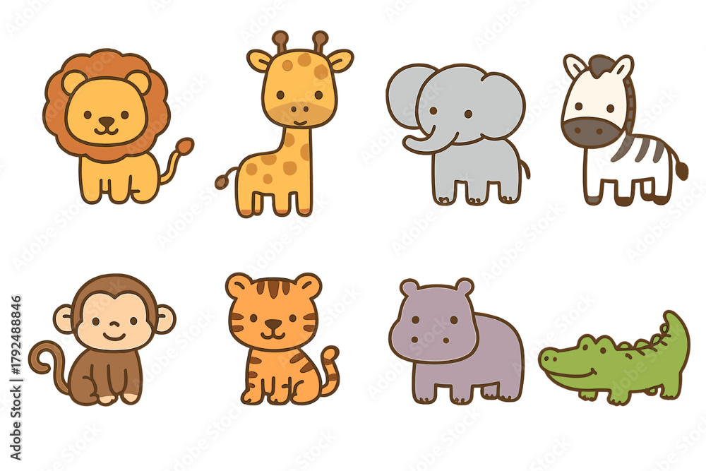 Naklejka premium Adorable collection of eight cartoon jungle and safari animals isolated on white background