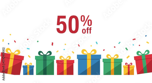Fifty percent off sale with colorful gift boxes and confetti celebration on a white background