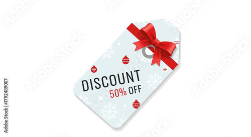 Festive christmas discount tag with red bow and snowflakes offering 50 percent off sale