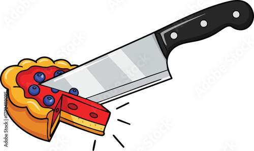 Close Up Of A Knife Slicing A Round Fruit Pie With Red Filling And Blue Berries On A White Background