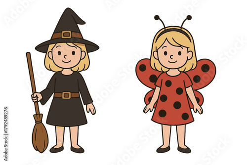 Two cute girls in Halloween costumes: witch holding a broom and ladybug with wings