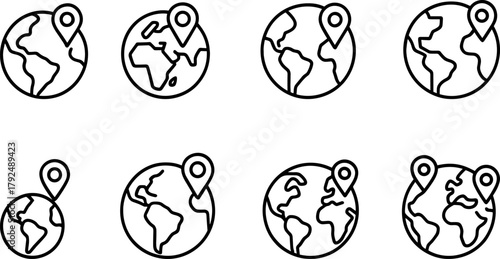 Location and navigation icons set. Map pin, route, destination, global positioning. Outline vector illustrations