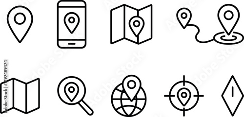 Location and navigation icons set. Map pin, route, destination, global positioning. Outline vector illustrations
