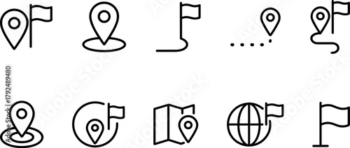 Location and navigation icons set. Map pin, route, destination, global positioning. Outline vector illustrations
