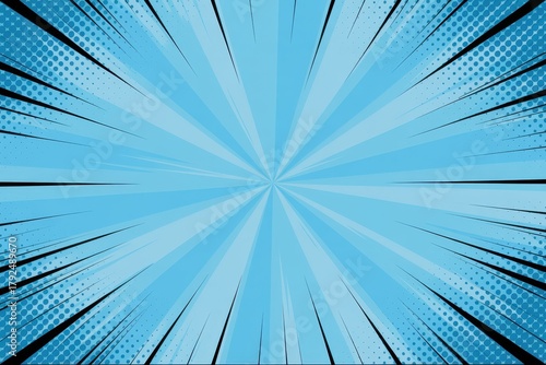 Comic book blue radial lines background halftone graphic concept