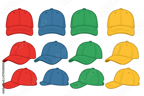 Colorful collection of blank baseball caps in red blue green and yellow shown from various angles