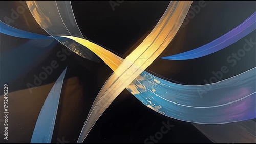 Abstract image with a futuristic composition featuring geometric shapes and dynamic lighting in cool shades of blue, violet, light blue and gold.