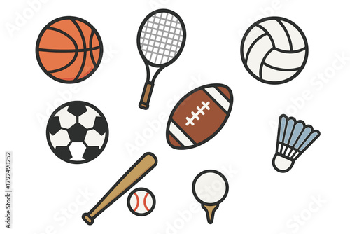 Collection of various sports balls and athletic equipment for popular games