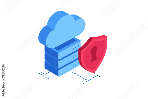 Isometric cloud data storage security with server racks and protective shield