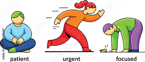 Three figures depict patient urgent and focused states with colorful minimalist design on white background