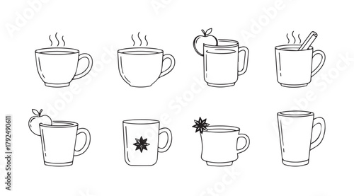 Collection of eight hand drawn beverage cups and mugs in a sketch silhouette style