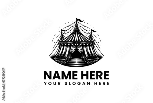 Vintage circus tent emblem with flags, a classic big top carnival and festival vector logo illustration