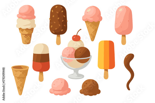 Collection of various frozen desserts including ice cream cones, popsicles, and sundaes