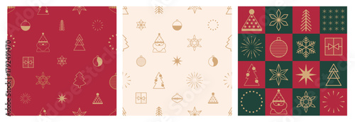 Seamless abstract pattern set with Christmas gold elements in geometric style for wrapping paper, card. Happy New Year pattern with minimalist gold line icons. Vector illustration