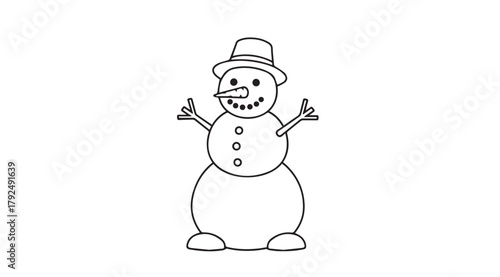 Simple line drawing of a cheerful snowman wearing a hat and holding up two fingers silhouette