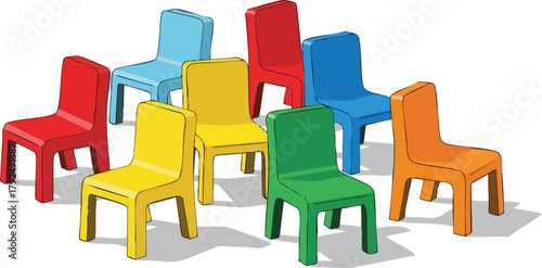 Group Of Colorful Plastic Chairs Arranged Together In An Open Space With White Background