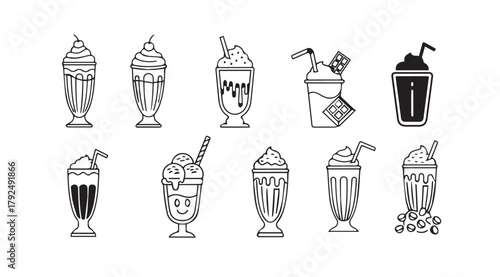Collection of ten hand drawn milkshake and ice cream sundae illustrations in silhouette