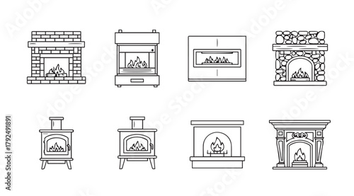 Collection of eight different fireplace and wood stove silhouettes for interior design