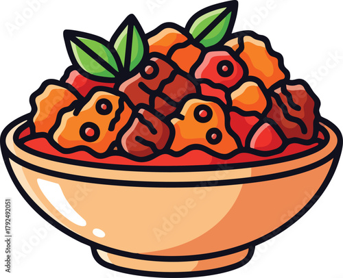 Pixel Art Bowl of Stew With Meat Vegetables and Basil Leaves