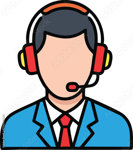 Customer Service Representative Avatar Wearing Red Headset and Blue Suit with Red Tie
