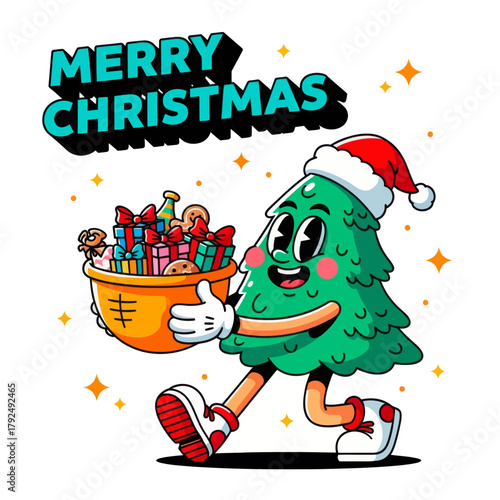 Cute cartoon Christmas tree character wearing a Santa hat and carrying a bowl of gifts and treats. Perfect for holiday designs, festive branding, greeting cards, and Christmas illustrations.