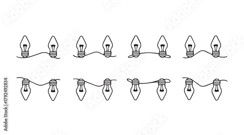 Eight illustrative silhouette elements of vintage christmas string lights with visible bulbs and wires