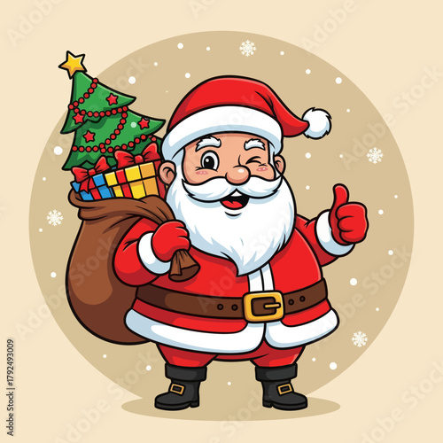 Cute cartoon Santa Claus holding a gift bag and giving a thumbs-up, surrounded by snowflakes. Perfect for Christmas cards, holiday banners, festive designs, and winter illustrations.