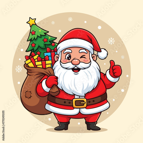 Cute cartoon Santa Claus holding a gift bag and giving a thumbs-up, surrounded by snowflakes. Perfect for Christmas cards, holiday banners, festive designs, and winter illustrations.