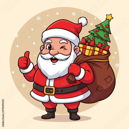 Cute cartoon Santa Claus holding a gift bag and giving a thumbs-up, surrounded by snowflakes. Perfect for Christmas cards, holiday banners, festive designs, and winter illustrations.